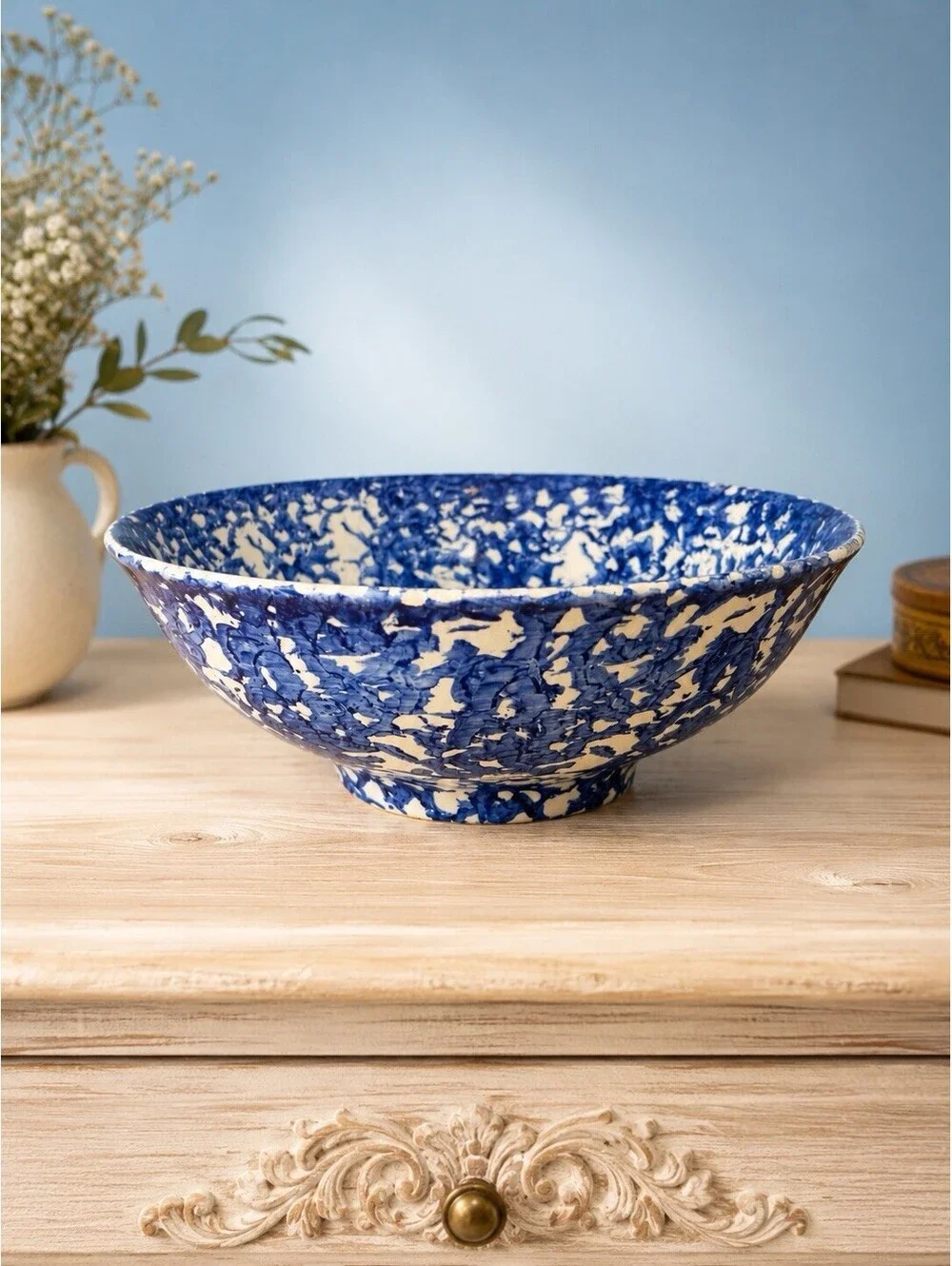 Pier 1 Imports Italy 1990s Bowl Blue White Spongeware Ceramic, 9.5x3.5